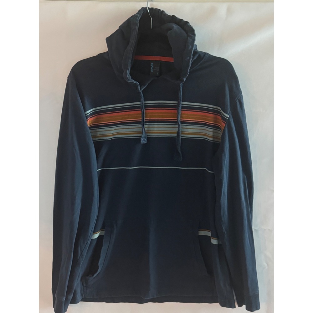 Prana Mens Navy Blue Striped Organic Cotton Blend Pullover Hoodie L RN124977